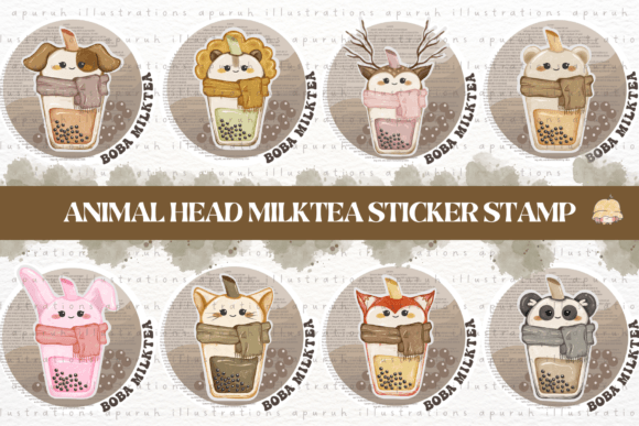 Animal Head Bubble Tea Digital Sticker: Adorable Brand Assets